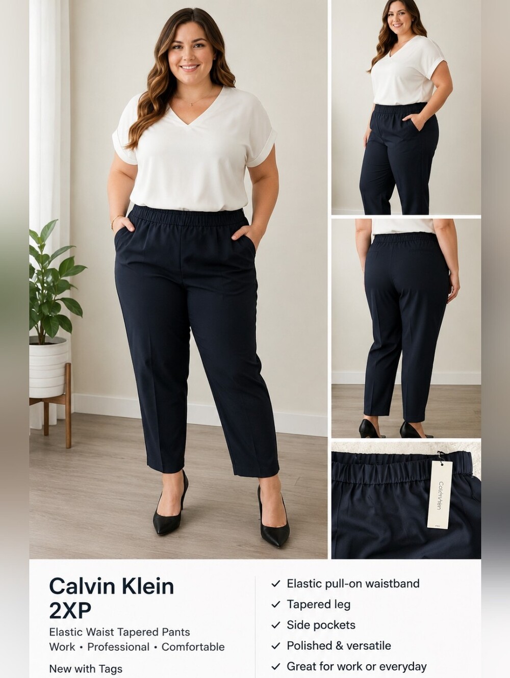 Calvin Klein Womens 2XP Navy Blue Pull On Elastic Waist Tapered Pants Work